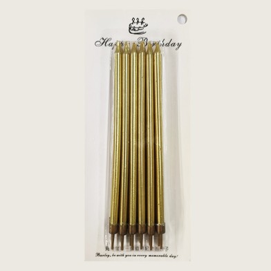 12 Long Gold Birthday Candles with Base 14cm.