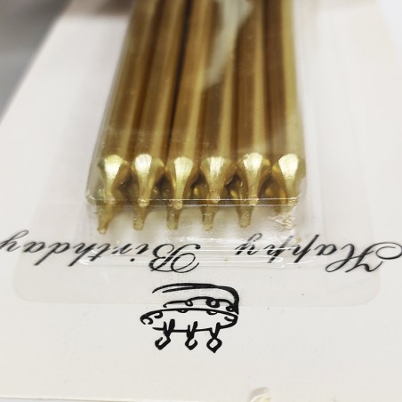 12 Long Gold Birthday Candles with Base 14cm. (Box 24pcs)