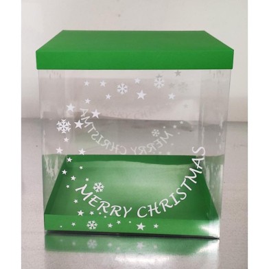Printed Transparent Box 25xH26,5cm for Xmas gingerbread house with Green lid and base