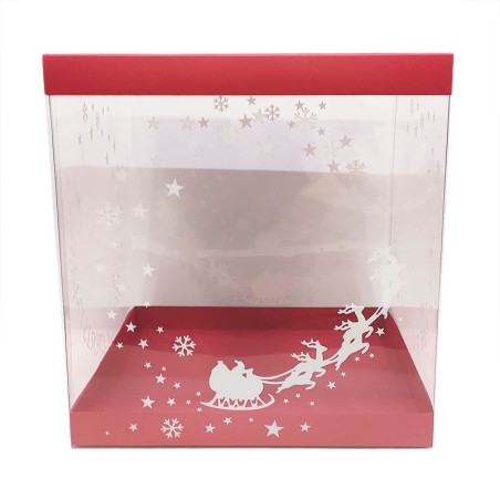Printed Transparent Box 25xH26,5cm for Xmas gingerbread house with Red lid and base