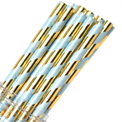 Stripe Paper Straws Light Blue Gold
