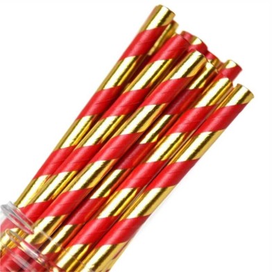 Stripe Paper Straws Red - Gold Foil