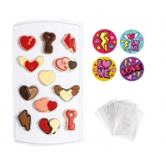 Σετ Decora για σοκολατάκια Καρδιές με σακουλάκια & αυτοκόλλητα, 12 θέσεων