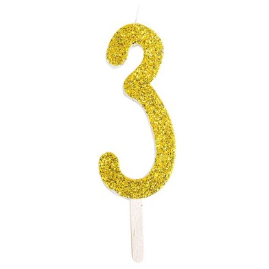 Gold Glitter Number Candle No.3, 8cm