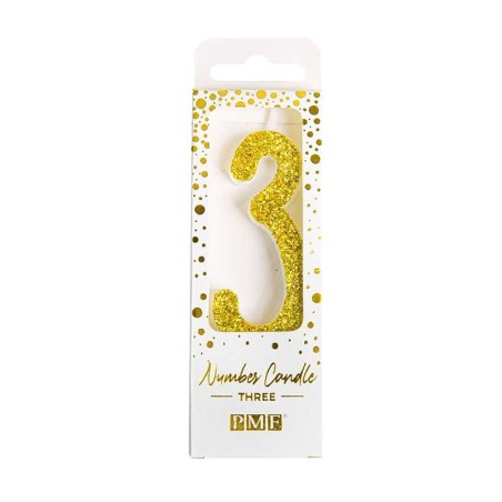 Gold Glitter Number Candle No.3, 8cm