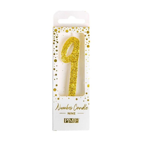 Gold Glitter Number Candle No.9, 8cm