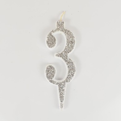 Silver Glitter Birthday Candle with Number 3