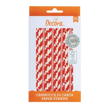 Red/White Paper Bio Straws by Decora 80pcs./4 designs Dim.Ø6 X 210mm
