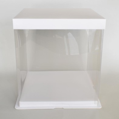Square Transparent Cake Box with white base and lid - Side 21,5xH24cm.
