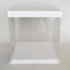Square Transparent Cake Box with white base and lid - Side 21,5xH24cm.