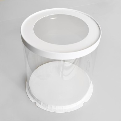 Round Transparent Cake Box with white base and lid with circle Diam26xH31cm.