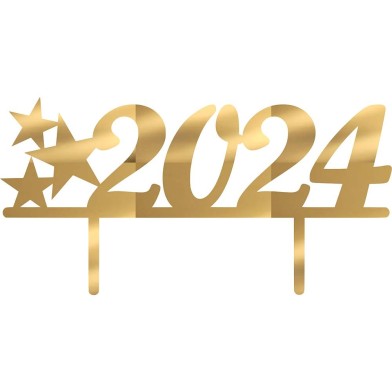 Gold Mirror Plexiglass Cake Topper with the current Year's digits with Stars