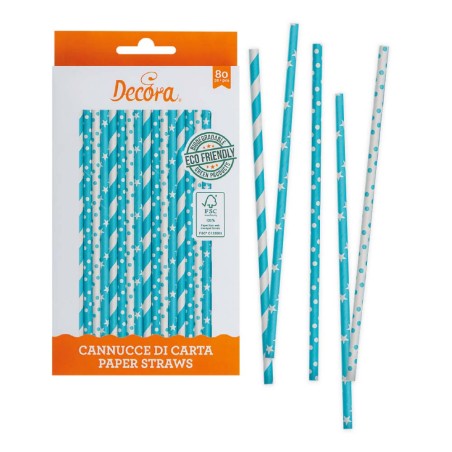 Stars, Polka Dots & Stripes Blue Sky Paper Straws 80pcs