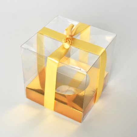 Single Transparent/Gold Cupcake Box with Insert and Ribbon 10xH15cm.