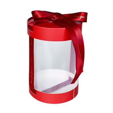 Round Transparent Cake Box with Red lid and base Dim 16xH23cm