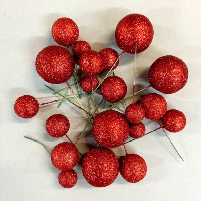 Red Glitter Ball Toppers in 4 sizes, 20pcs