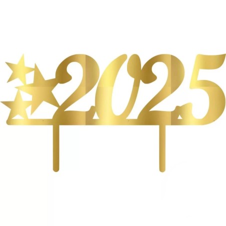 Gold Mirror Plexiglass Cake Topper with the current Year's digits with Stars