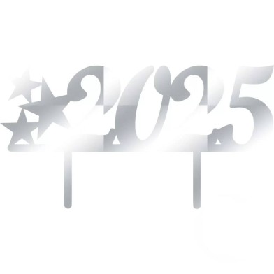 Silver Mirror Plexiglass Cake Topper with the current Year's digits with Stars