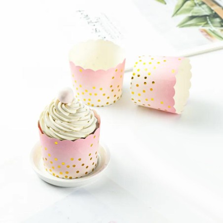 Ροζ ντεγκραντέ Θήκες Cupcakes με Χρυσό Πουά με Βάση 6xΥ5,5εκ. 25τμχ - Αντικολλητικές
