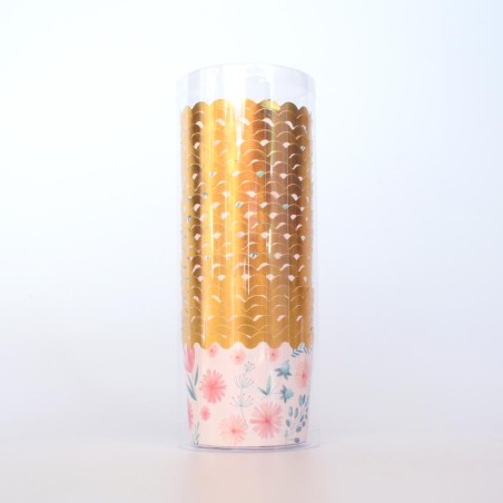 Flowery Cupcake cases with gold foil trim on the lip Dim. Base 6cm, H5,5cm 25pcs