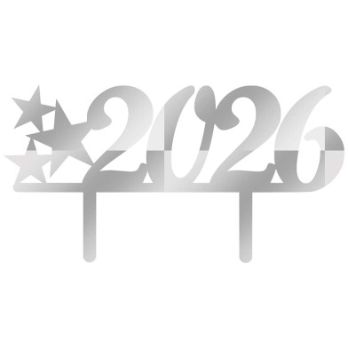 Silver Mirror Plexiglass Cake Topper with the current Year's digits with Stars