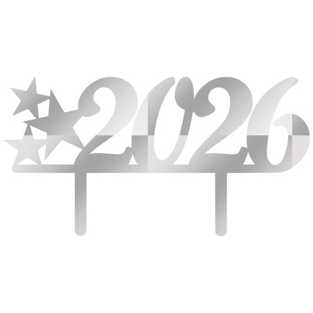 Silver Mirror Plexiglass Cake Topper with the current Year's digits with Stars