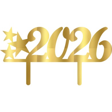 Gold Mirror Plexiglass Cake Topper with the current Year's digits with Stars