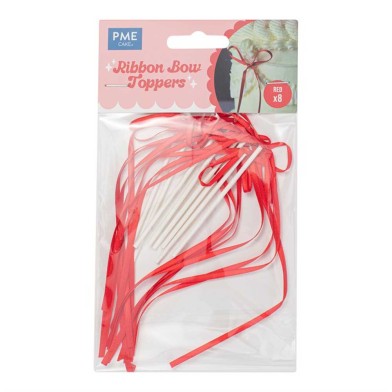Red Ribbon Bow Cake Toppers Pack of 8