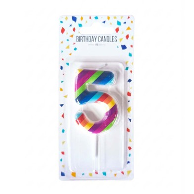 Rainbow Colored Number 5 Birthday Candle, 6cm height.