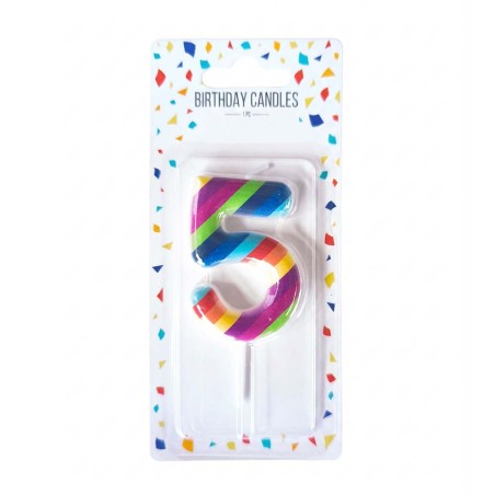 Rainbow Colored Number 5 Birthday Candle, 6cm height.