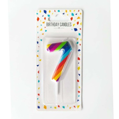 Rainbow Colored Number 7 Birthday Candle, 6cm height.