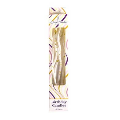 Pack of 6 White Wavy Birthday Candles with Gold Specs - Height 12,5cm.