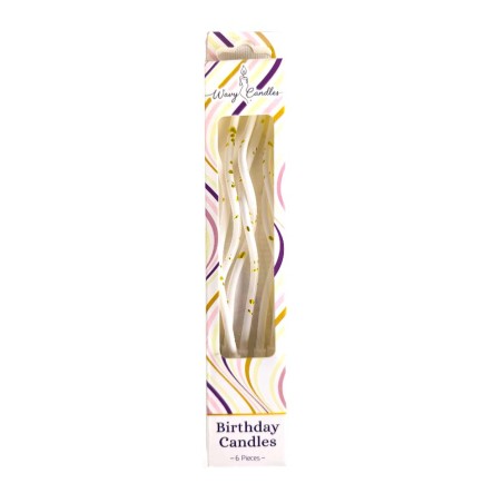 Pack of 6 White Wavy Birthday Candles with Gold Specs - Height 12,5cm.
