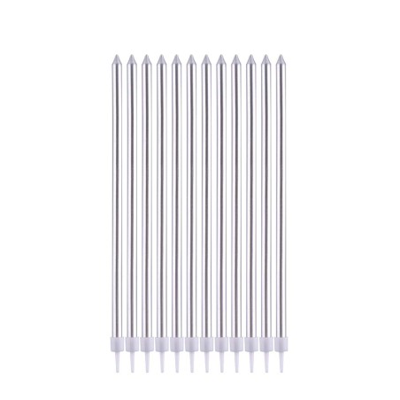 Pack of 12 Long Silver Birthday Candles 15,5cm.