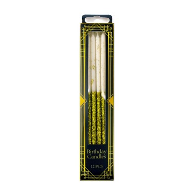 Pack of 12 Long White Birthday Candles with Gold Glitter design 15,5cm.