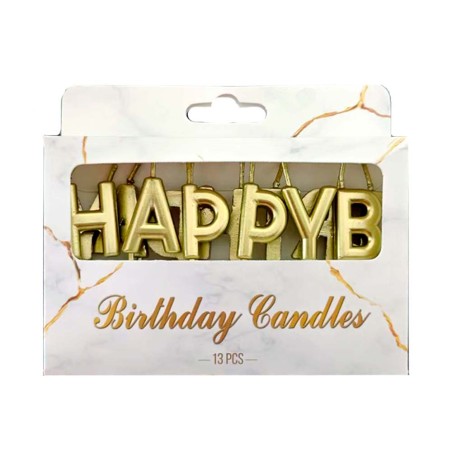 Set of 13 Gold Happy Birthday Candles H3cm.