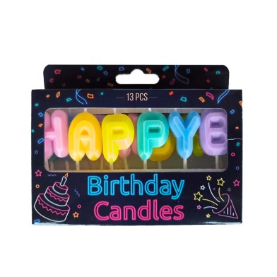 Set of 13 Multicolored Pastel Happy Birthday Candles H3cm.