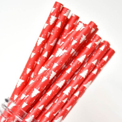 Χάρτινα Καλαμάκια με μοτίβα - Χριστουγεννιάτικα Δέντρα - Κόκκινο/Λευκό