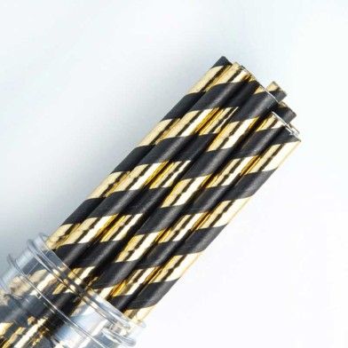 Stripe Paper Straws Black and Gold Foil